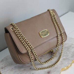 Michael Kors Sloan Pebbled Leather Shoulder Bag Taupe Gold Chain Crossbody Purse